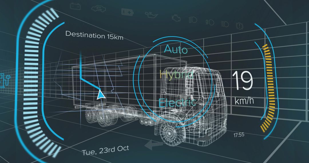 Futuristic Wireframe of Hybrid Truck with Digital Navigation Interface