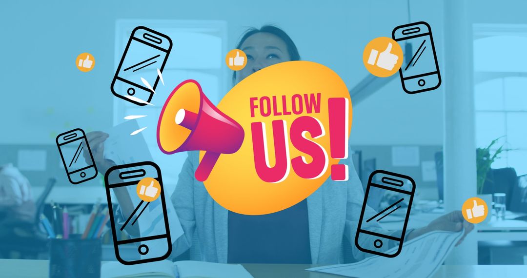 Digital Illustration Follow Us Concept on Office Background