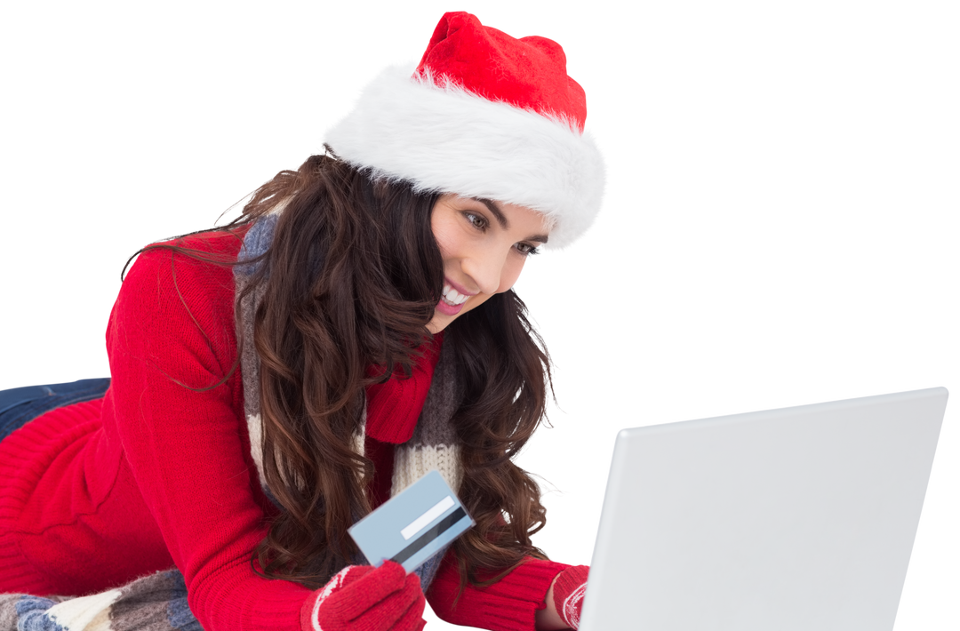 Woman in Santa Hat Shopping Online with Laptop and Credit Card on Transparent Background - Download Free Stock Images Pikwizard.com