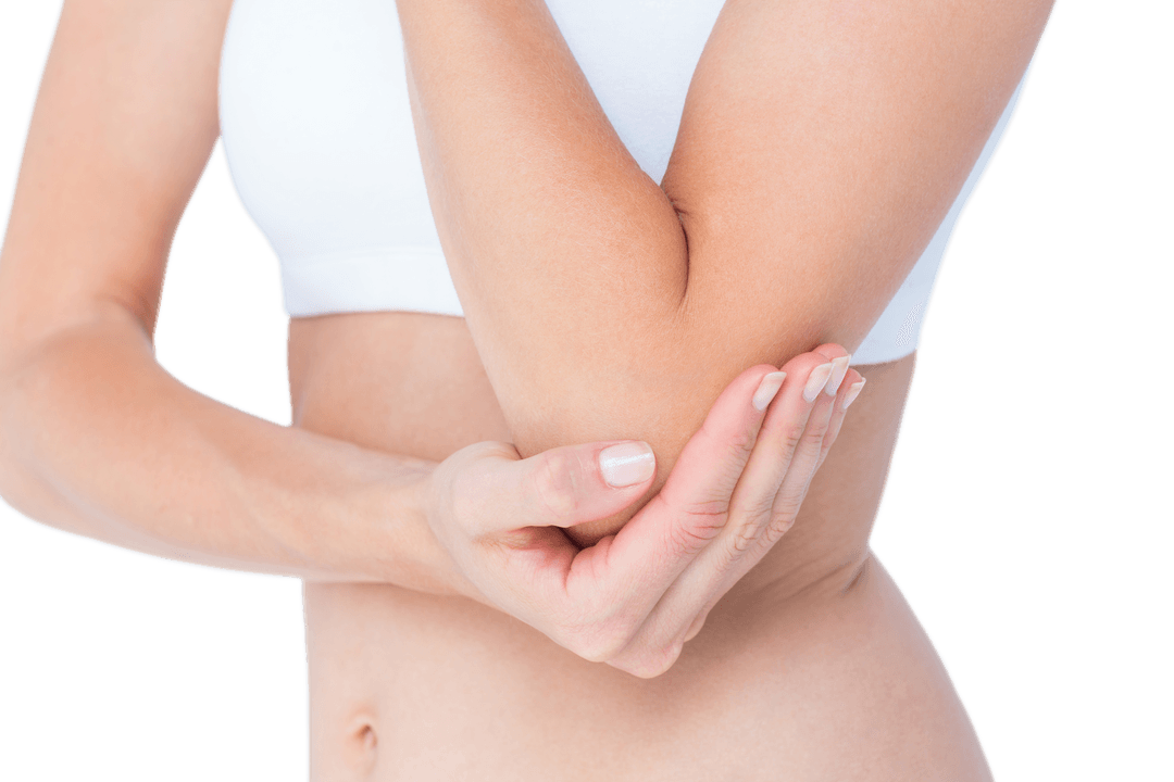 Transparent Image of Woman with Elbow Pain in White Top