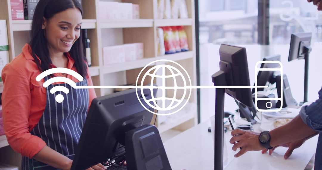 Digital Transactions in Modern Retail Setting with Credit Card Iconography