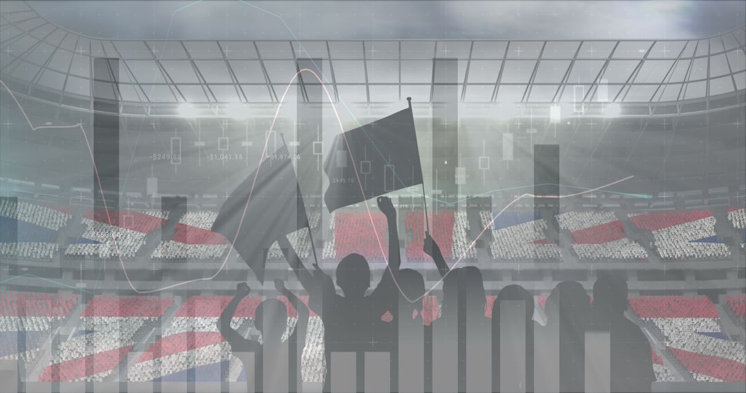 Silhouetted Fans Cheering in Stadium with Data Overlay