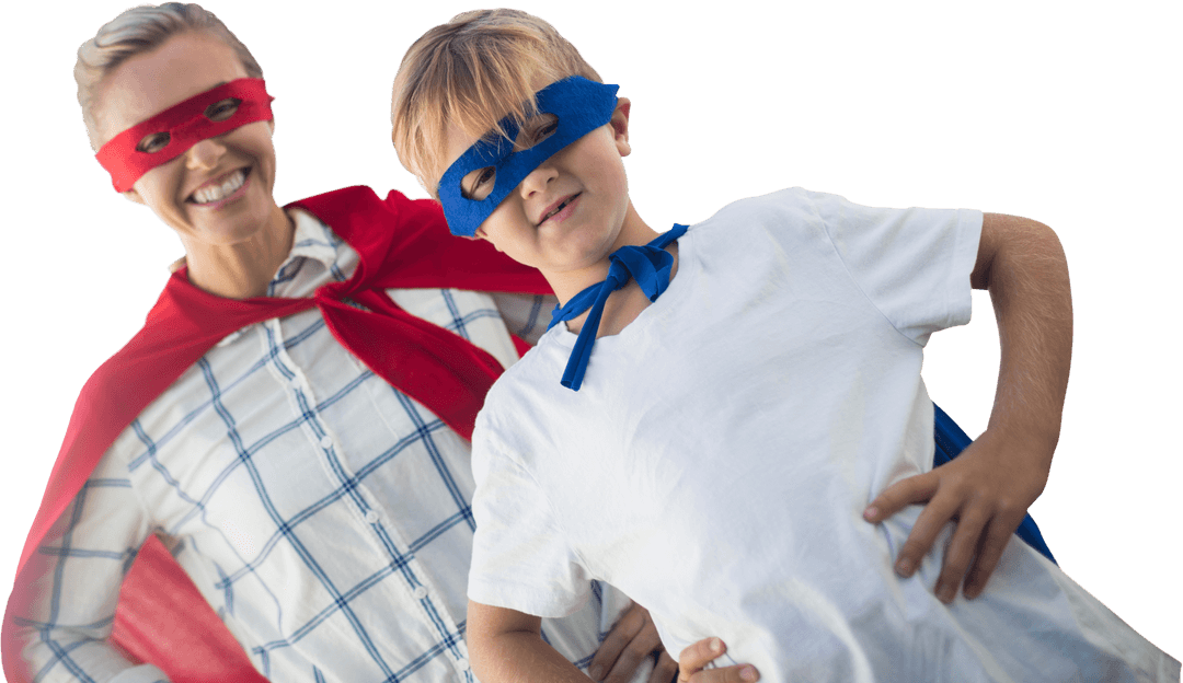 Mother and Son Wearing Superhero Costumes with Capes Mask Transparent