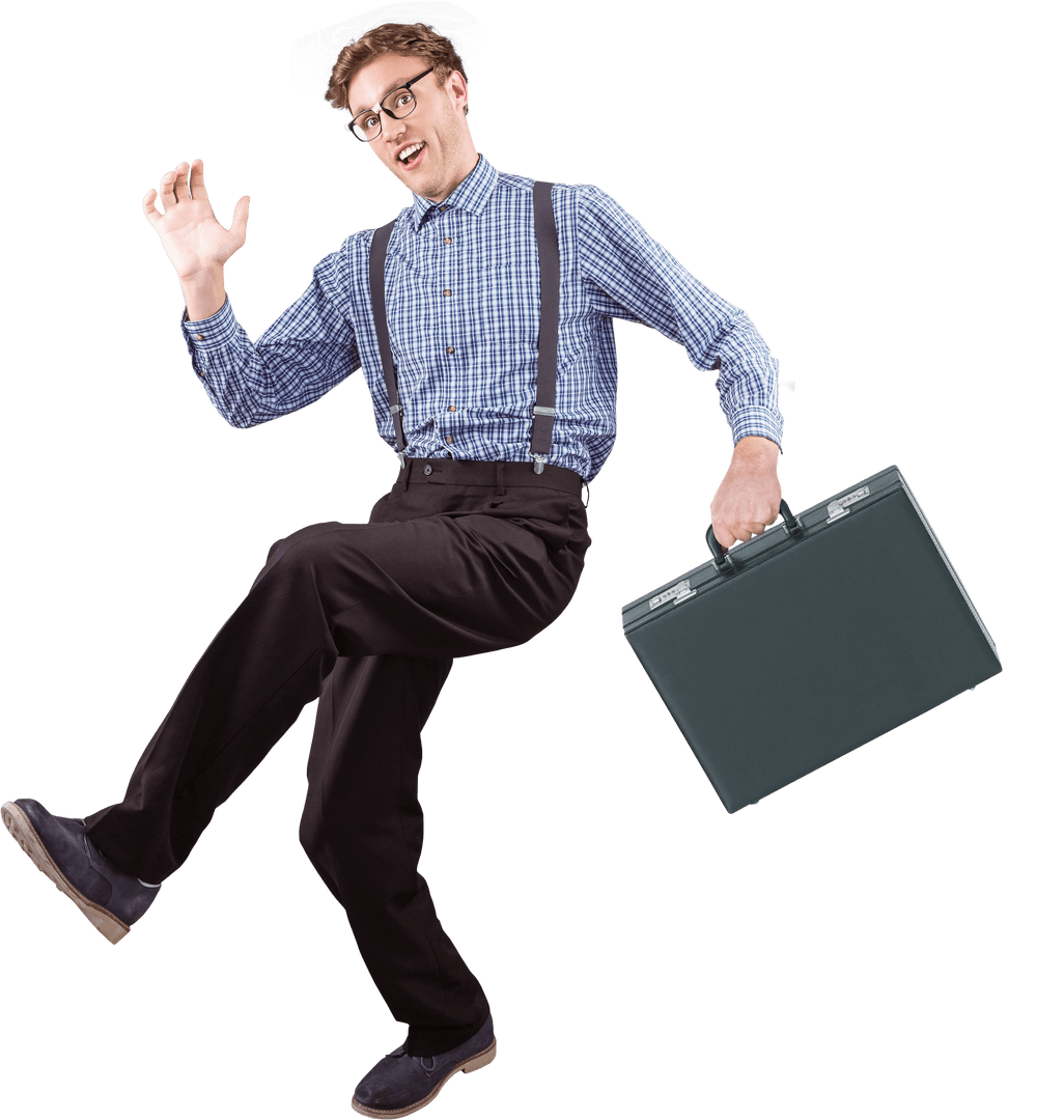 Playful Businessman Jumping with Briefcase on Transparent Background