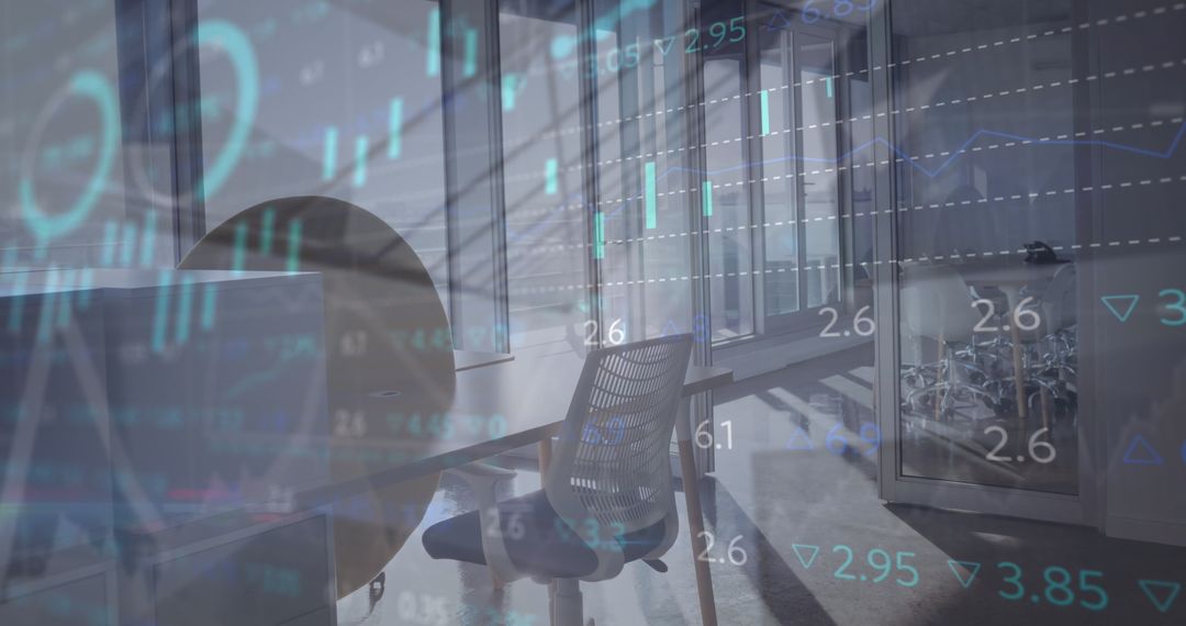 Financial Data Visualization Overlaying Modern Office Space