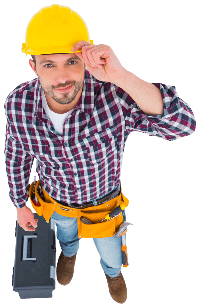 Transparent Smiling Handyman Carries Toolbox Viewed from Above