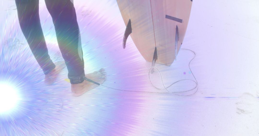 Surfer Standing Energized on Beach with Pulsating Light Effects