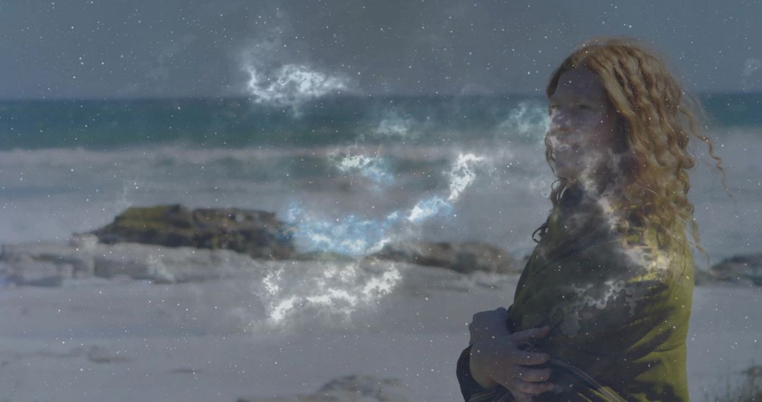 Woman on Beach with Surreal Celestial Overlay