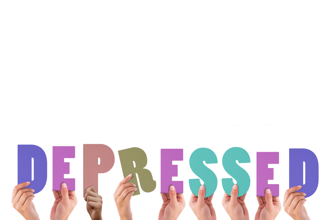 Hands Holding Colorful Transparent Letters Spelling Depressed