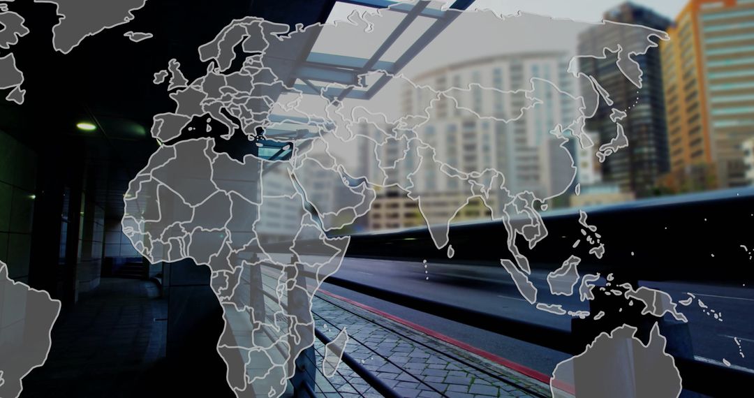 World Map Overlay on Urban Cityscape Reflecting Globalization