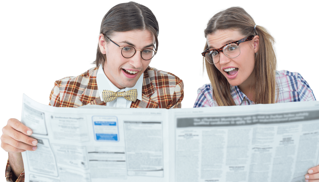 Transparent Hipsters Reading Surprising Newspaper