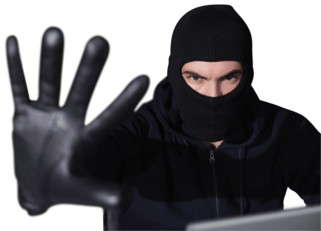 Frustrated Hacker Wearing Balaclava Showing Stop Gesture Close Up