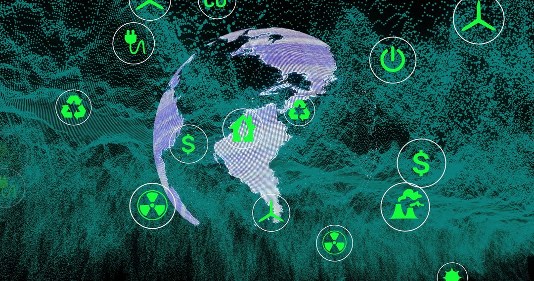 Green Energy Icons Surrounding Digital Globe Representing Eco-Friendly Innovation