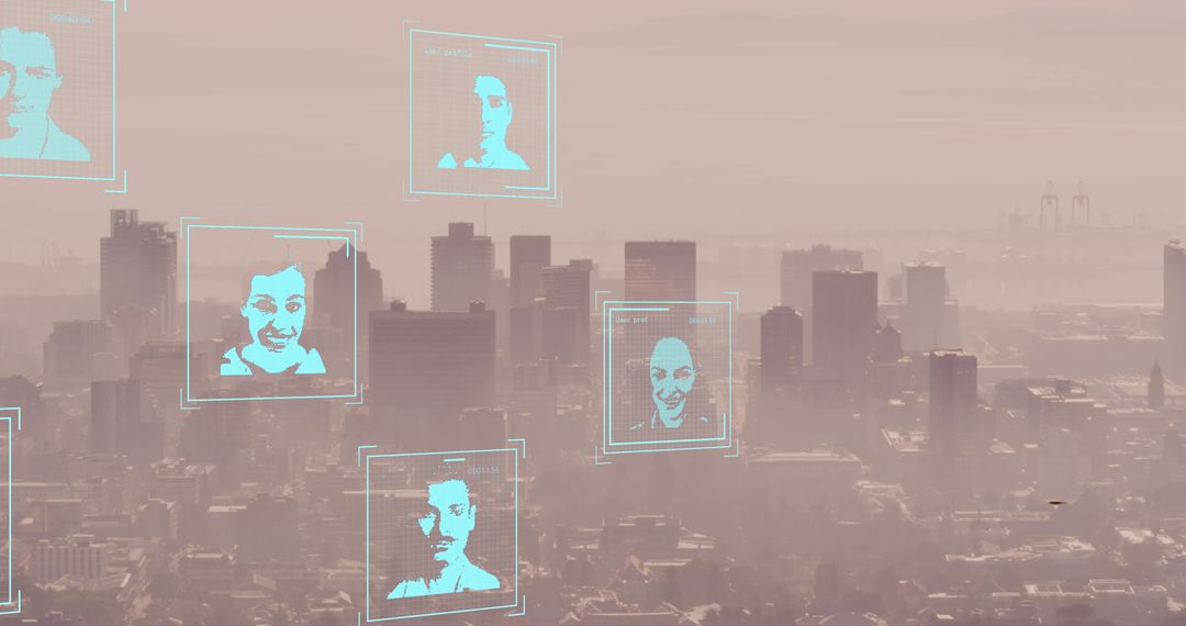Digital Face Recognition Overlay on Urban Skyline