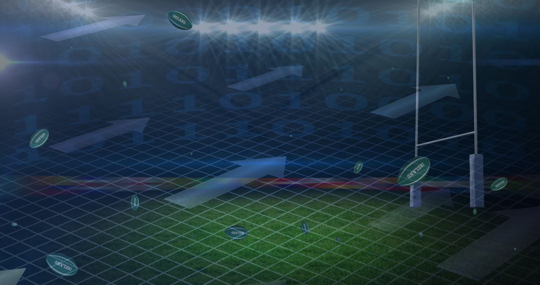 Digital Rugby Stadium with Interactive Arrows and Graphics