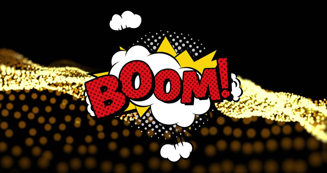 Boom Text with Vibrant Yellow Dots on Black Background