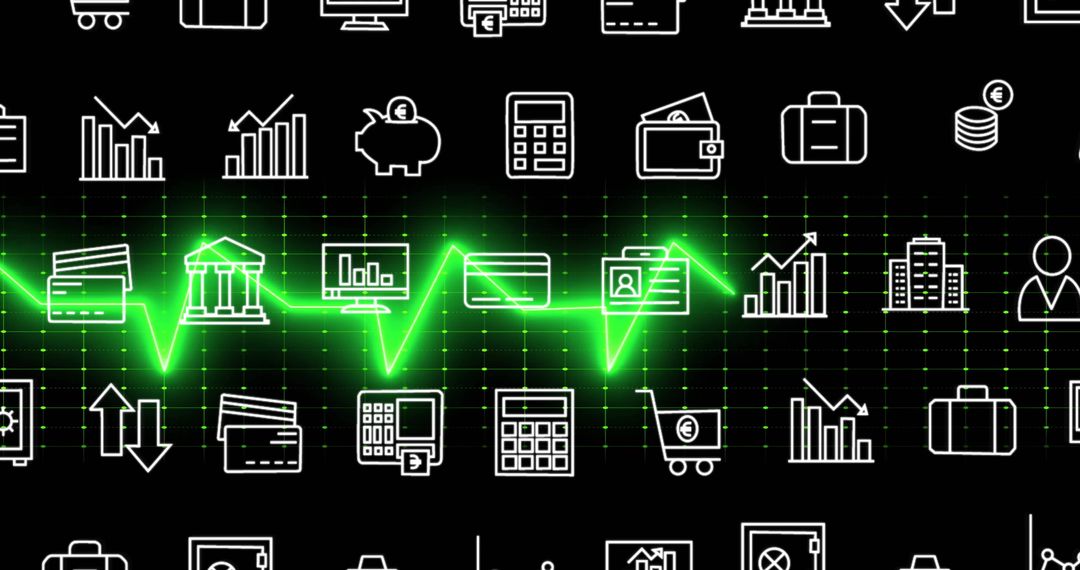 Financial Icons with Green Data Processing on Black Grid Background