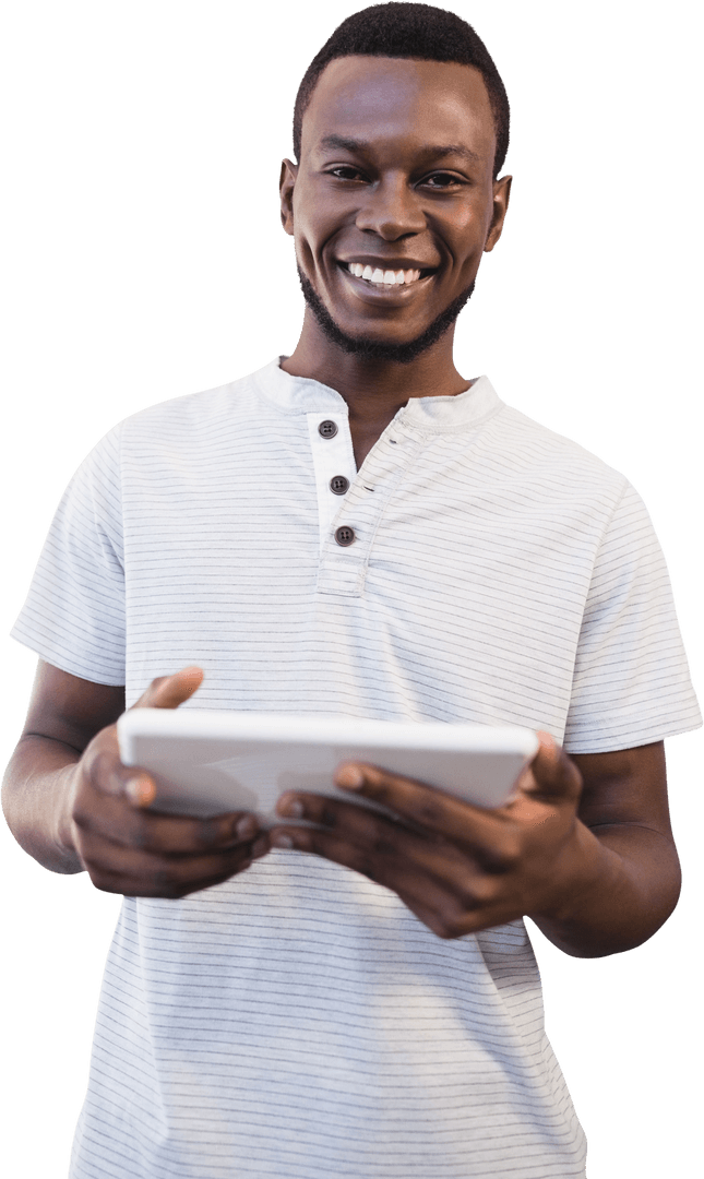 Smiling Man Holding Digital Tablet on Transparent Background