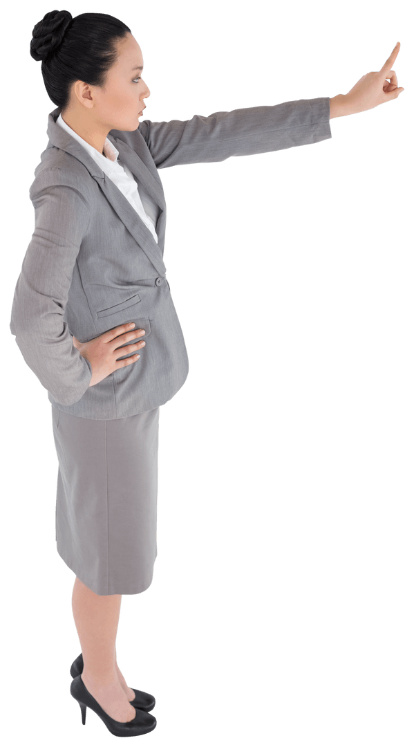Asian Businesswoman in Formal Suit Pointing on Transparent Background