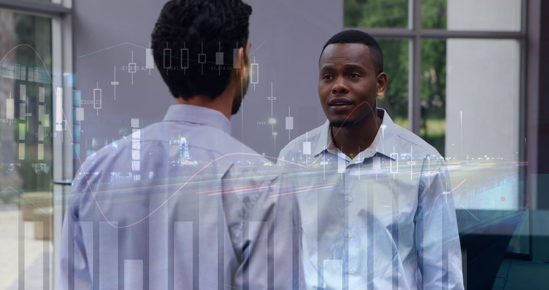 Diverse Businessmen Discussing Financial Strategies with Analytics Display