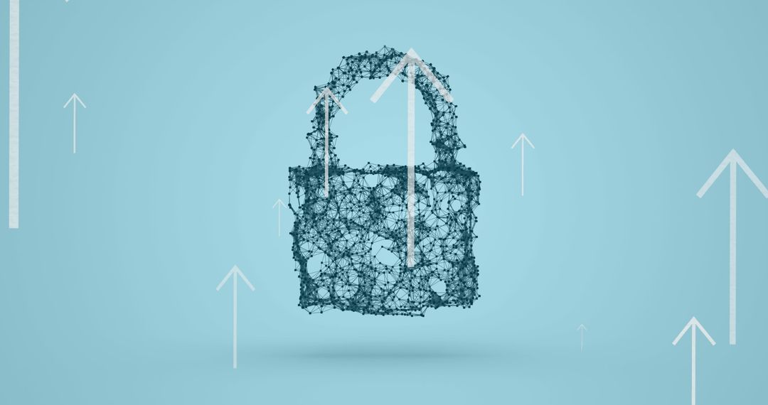 Digital Security Padlock with Upward Arrows on Blue Background