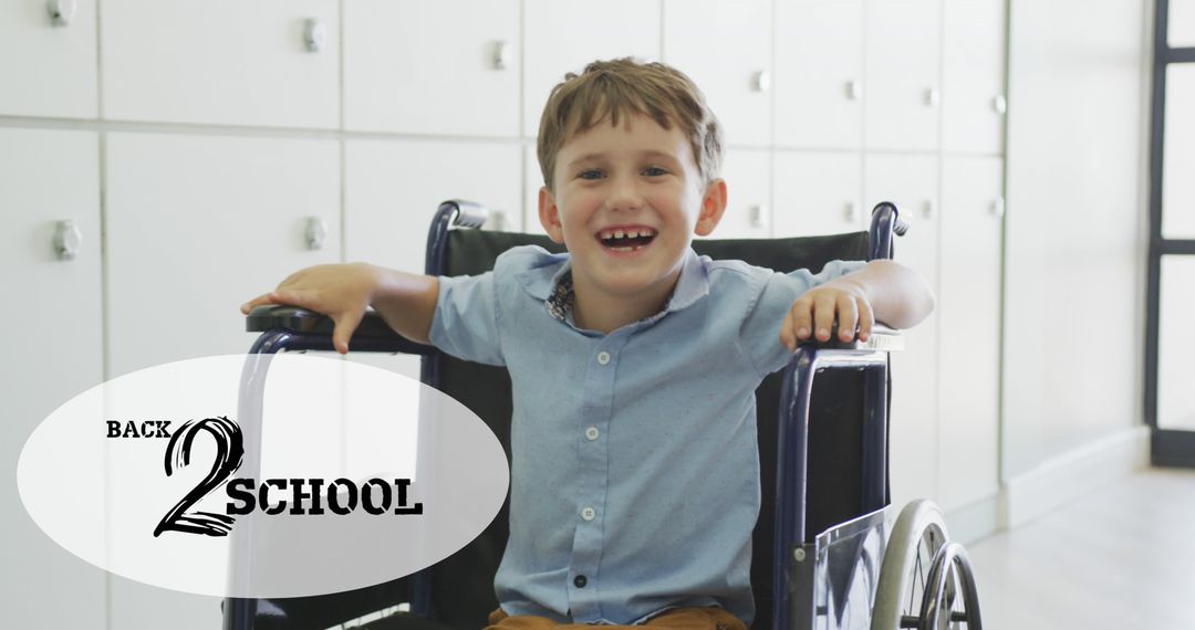 Happy Boy in Wheelchair Smiling Inside School Hallway - Free Images, Stock Photos and Pictures on Pikwizard.com