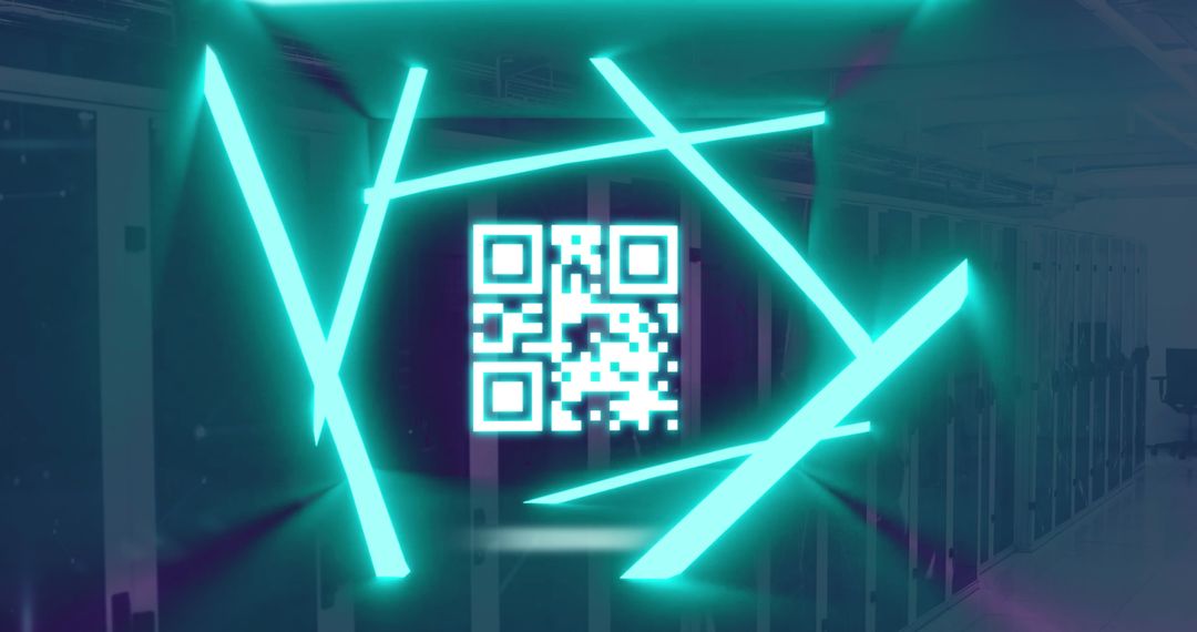 Neon QR Code Over Computer Servers Symbolizing High-Tech Innovation