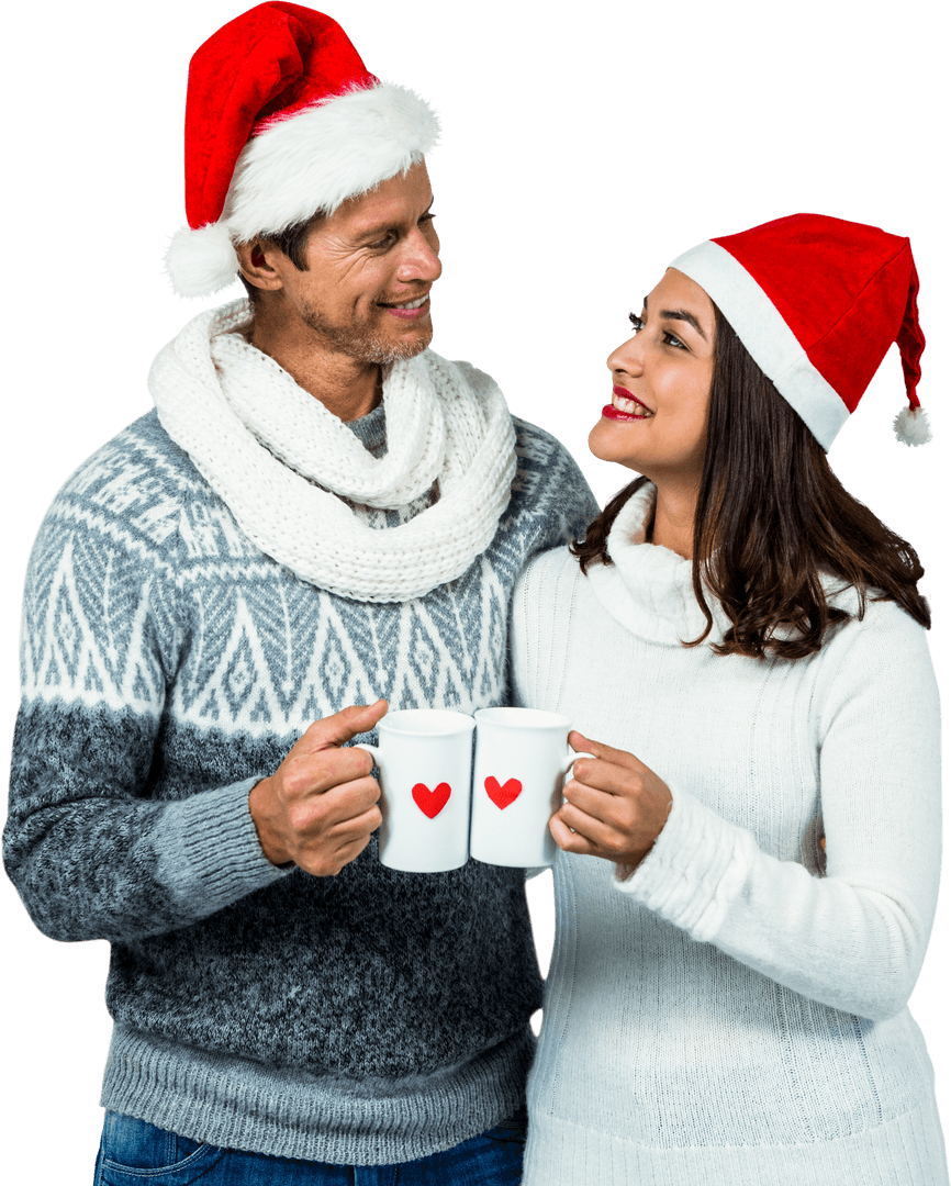 Festive Couple Smiling with Joy Holding Heart Mugs Transparent Background