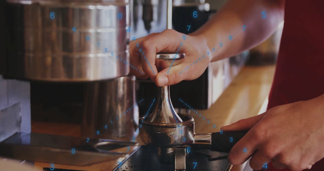 Skilled Barista Tamping Espresso with Precision at Coffee Counter