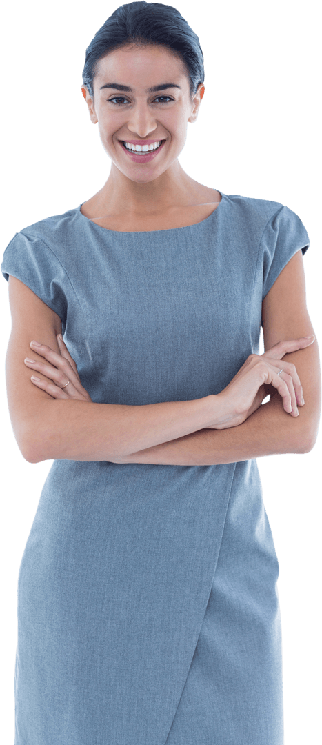 Transparent Confident Businesswoman Smiling with Crossed Arms