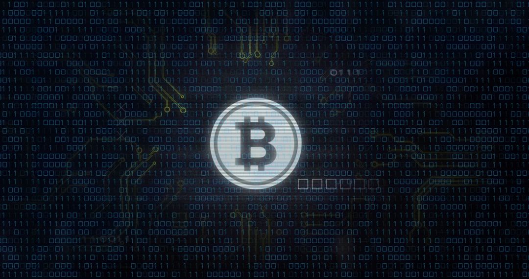 Bitcoin Symbol with Binary Code and Financial Graph Backdrop