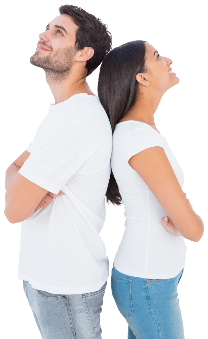 Happy Couple Standing Back to Back and Looking Up Transparent Background
