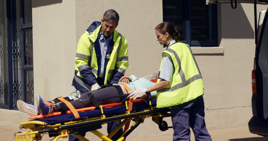 Paramedics Transporting Patient on Stretcher to Ambulance Outside Building - Free Images, Stock Photos and Pictures on Pikwizard.com