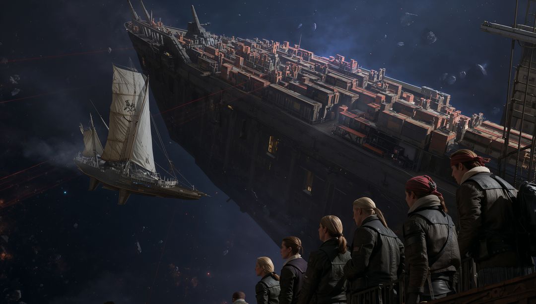 Crew Observing Orbital Freighter Tilting Over Cargo Platform While Sailing Vessel Approaches