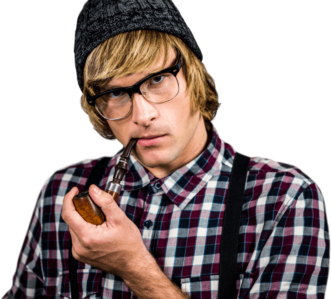 Stylish Hipster With Glasses Savoring Pipe Smoke in Plaid Shirt