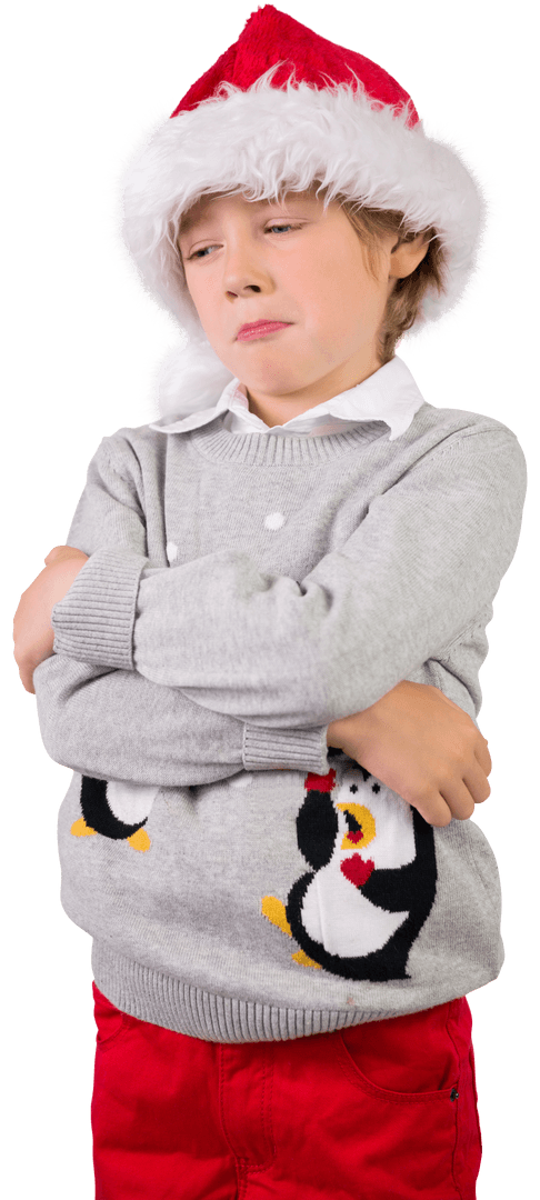 Caucasian Boy in Santa Hat with Crossed Arms on Transparent Background