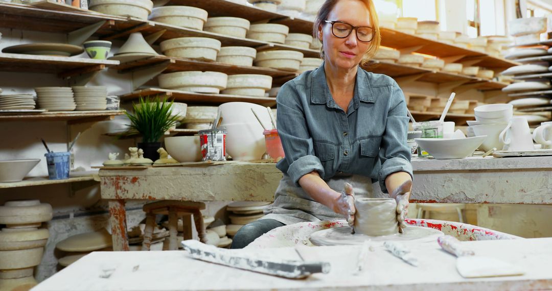 Middle-aged Woman Shaping Clay Pot in Ceramics Studio - Free Images, Stock Photos and Pictures on Pikwizard.com