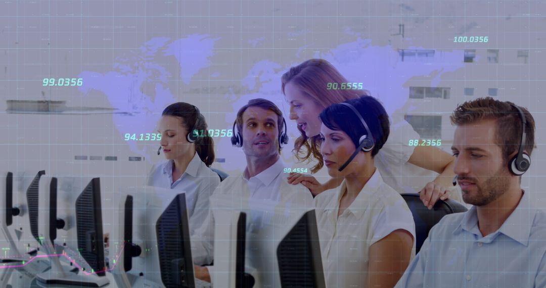 Customer Care Team Analyzing Global Data in Modern Office
