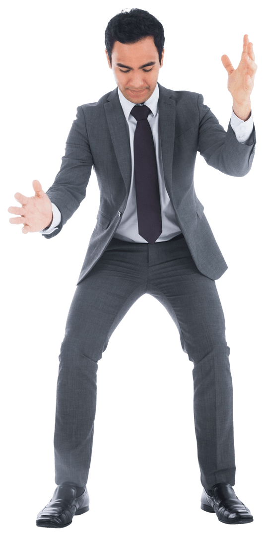 Asian Businessman Bending Down in Grey Suit on Transparent Background