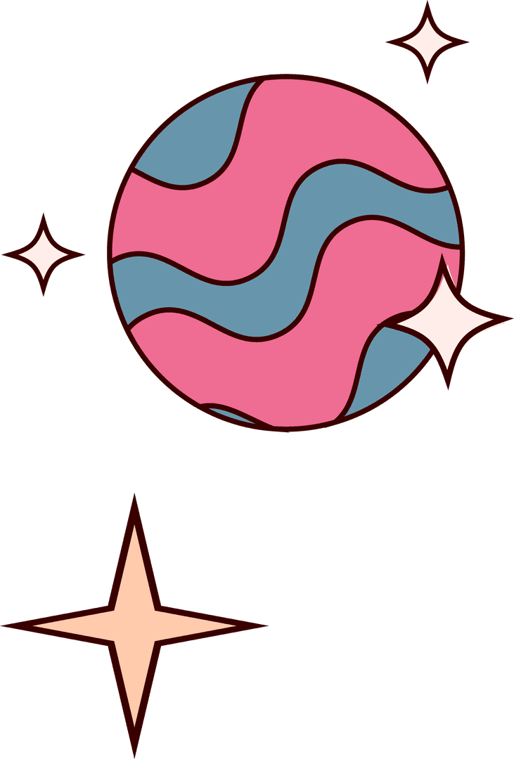 Surreal Striped Planet with Stars on Transparent Background