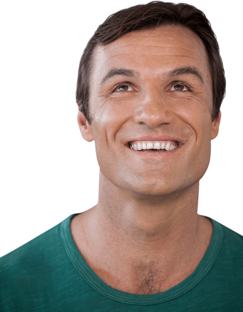 Joyful Mature Man Looking Up with Transparent Background