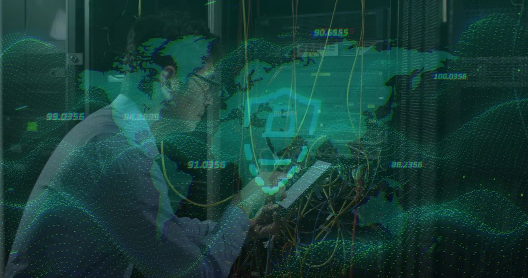 Korean IT technician inspecting server rack with tablet and patch cables, data visualization overlay