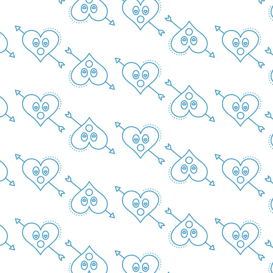 Seamless Pattern of Surprised Blue Hearts on Transparent Background