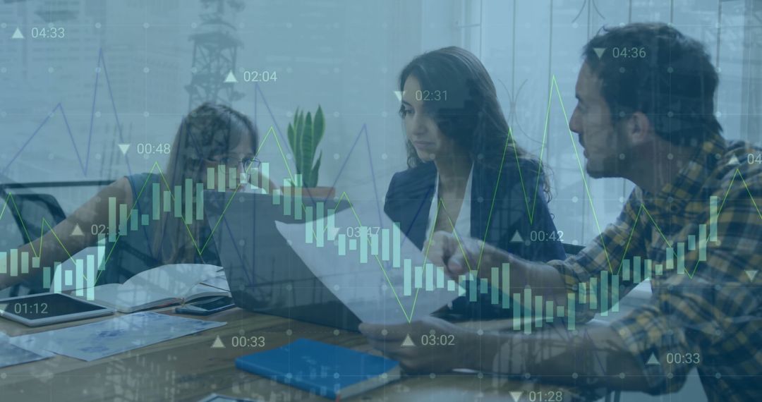 Colleagues Analyzing Financial Reports with Digital Infographic Overlay