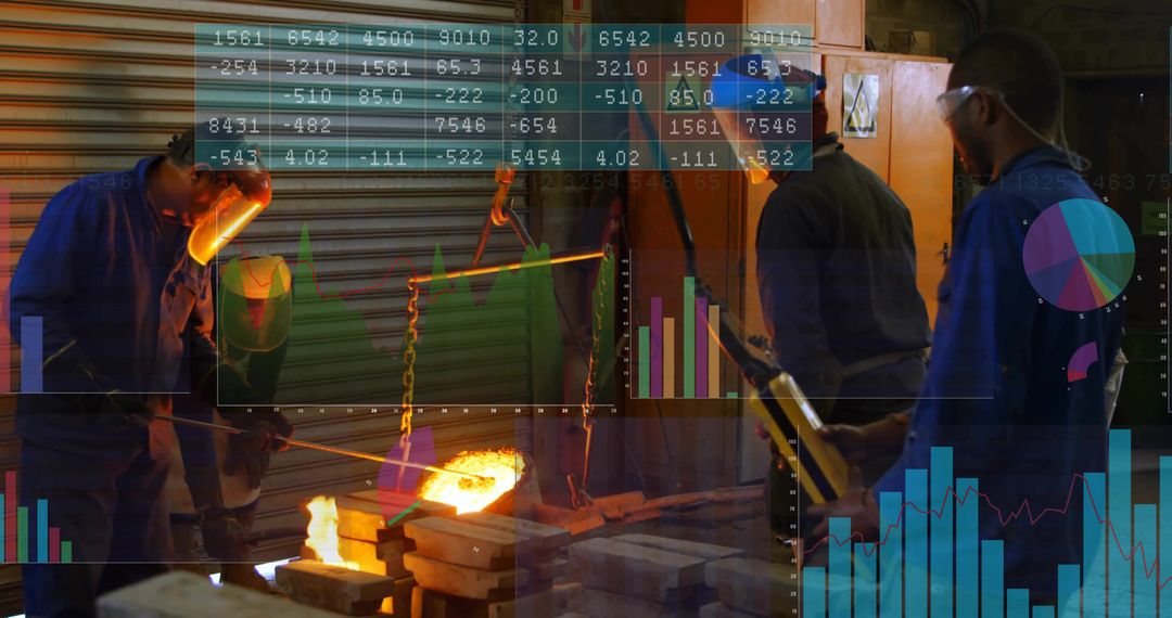 Senior Metalworker Pouring Molten Metal with Data Graph Overlays