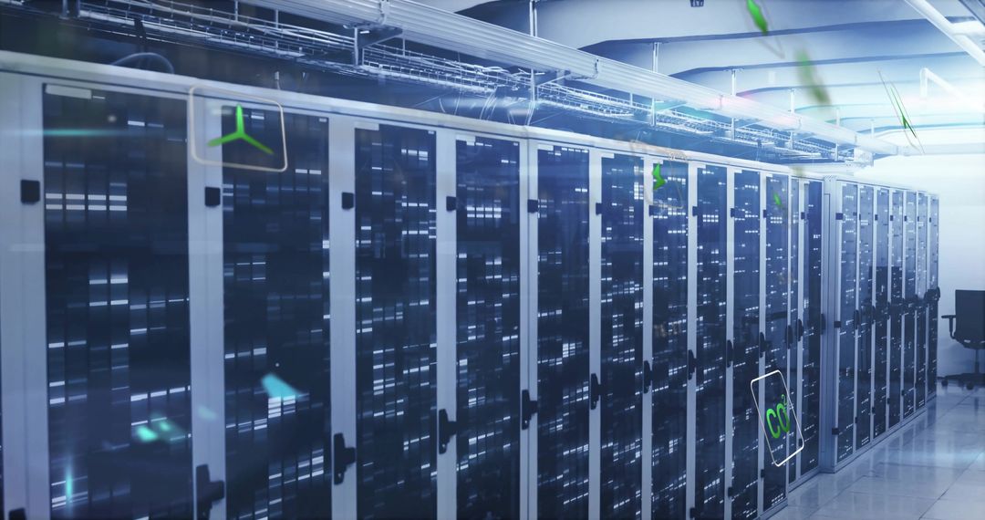 Modern Data Center Corridor with Networking Equipment and Chair