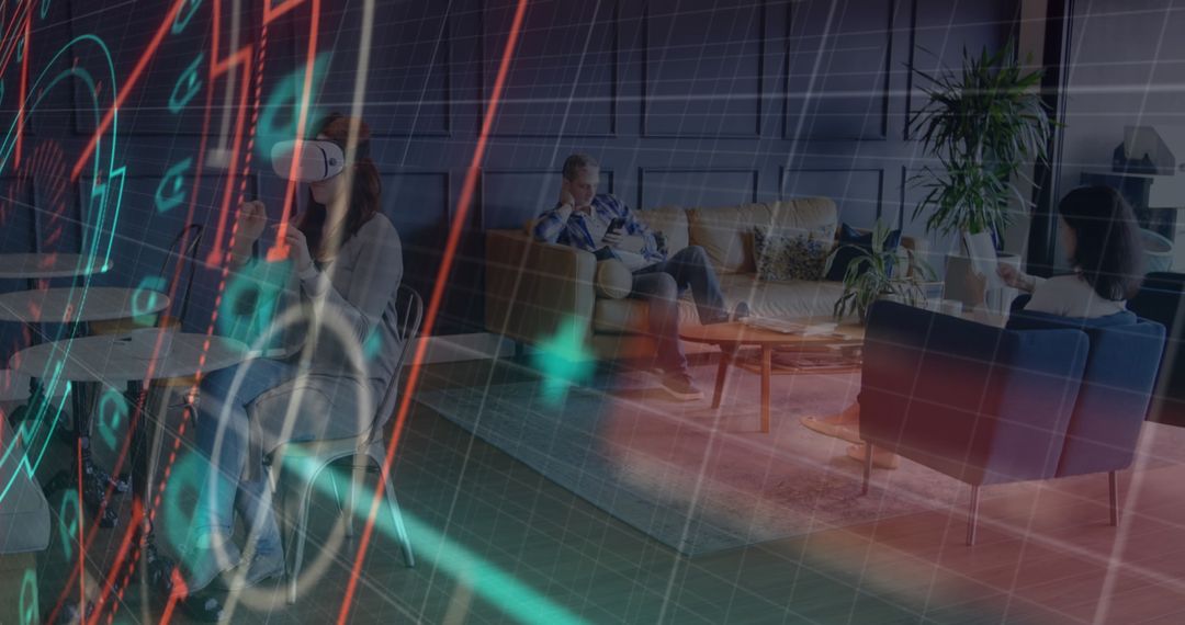 Woman Using VR Headset with Futuristic Digital Interface