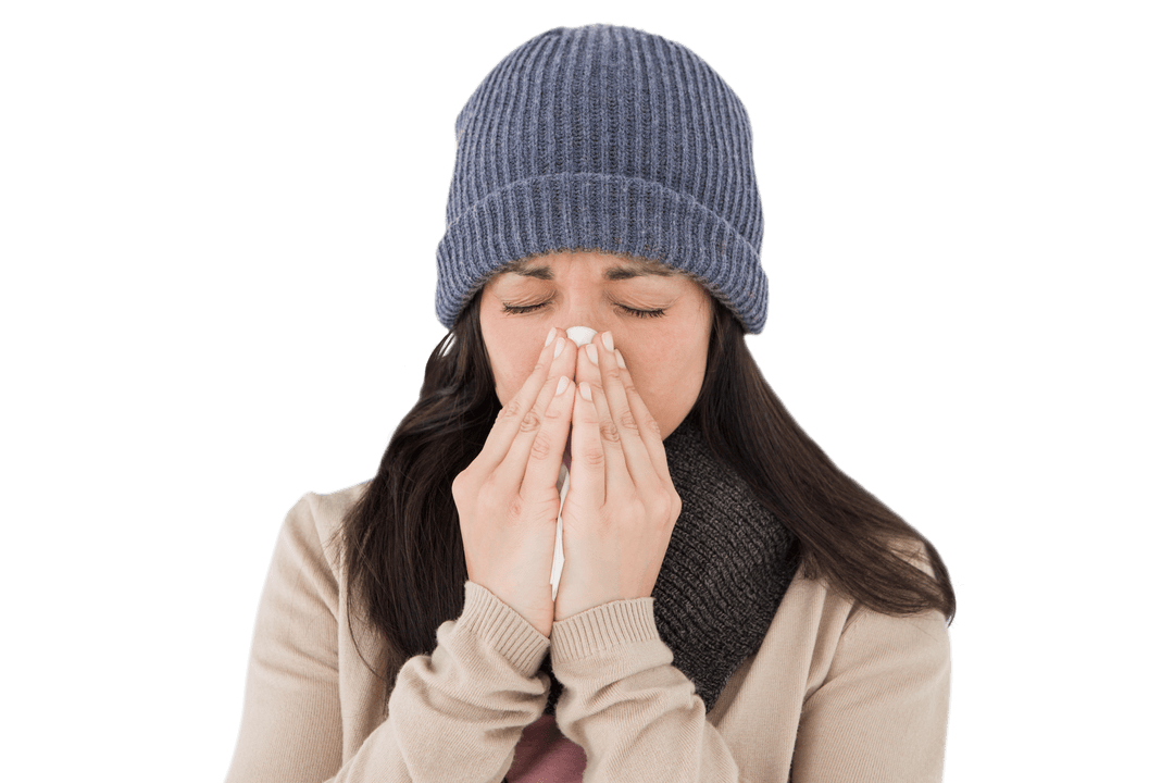 Transparent Image of Woman Bleaking Her Nose in Winter Clothing