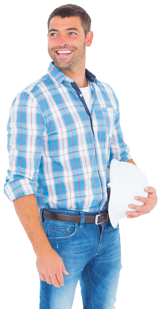 Cheerful Handyman Holding Hardhat Transparent Background