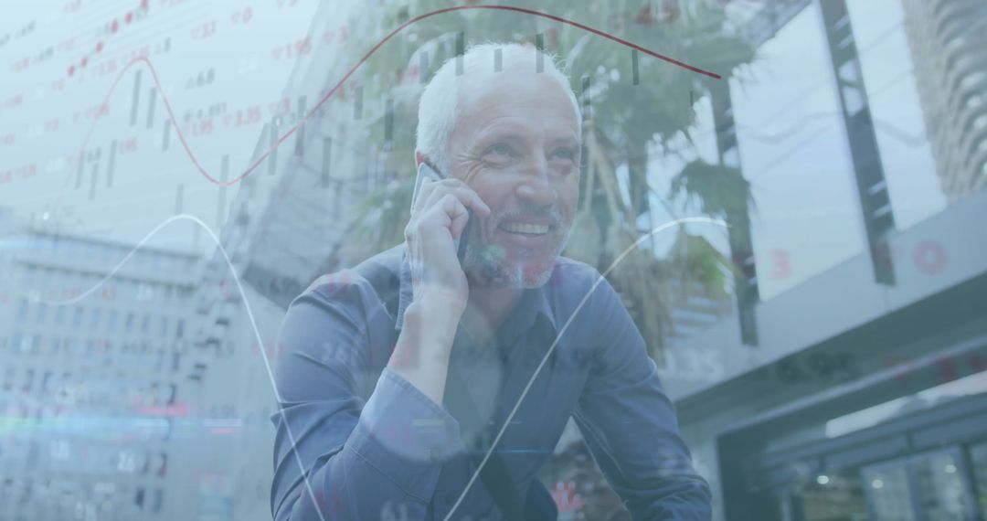 Businessman Discussing Global Finance on Smartphone with Graph Overlay